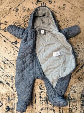 Baby GAP Quilted Hooded bear Baby Snowsuit - Heather Gray Blue